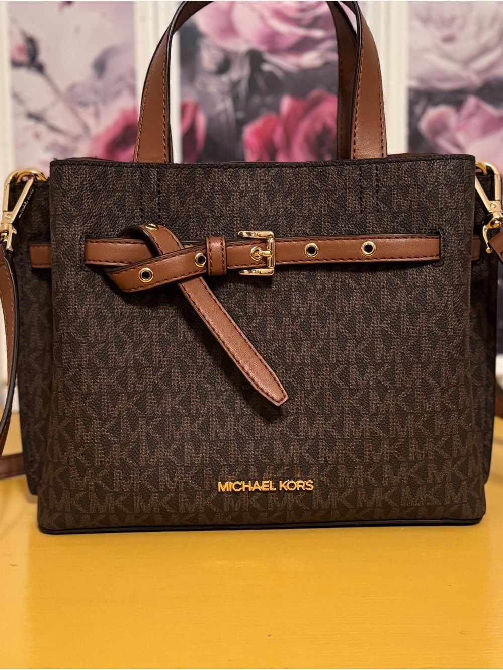 Michael Kors Brown MK Logo Satchel with Tan Trim and Gold Hardware